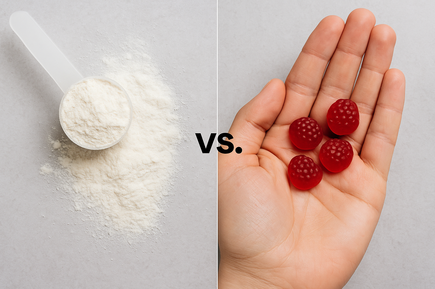 Comparison between a scoop of white powder and red berries held in a hand.