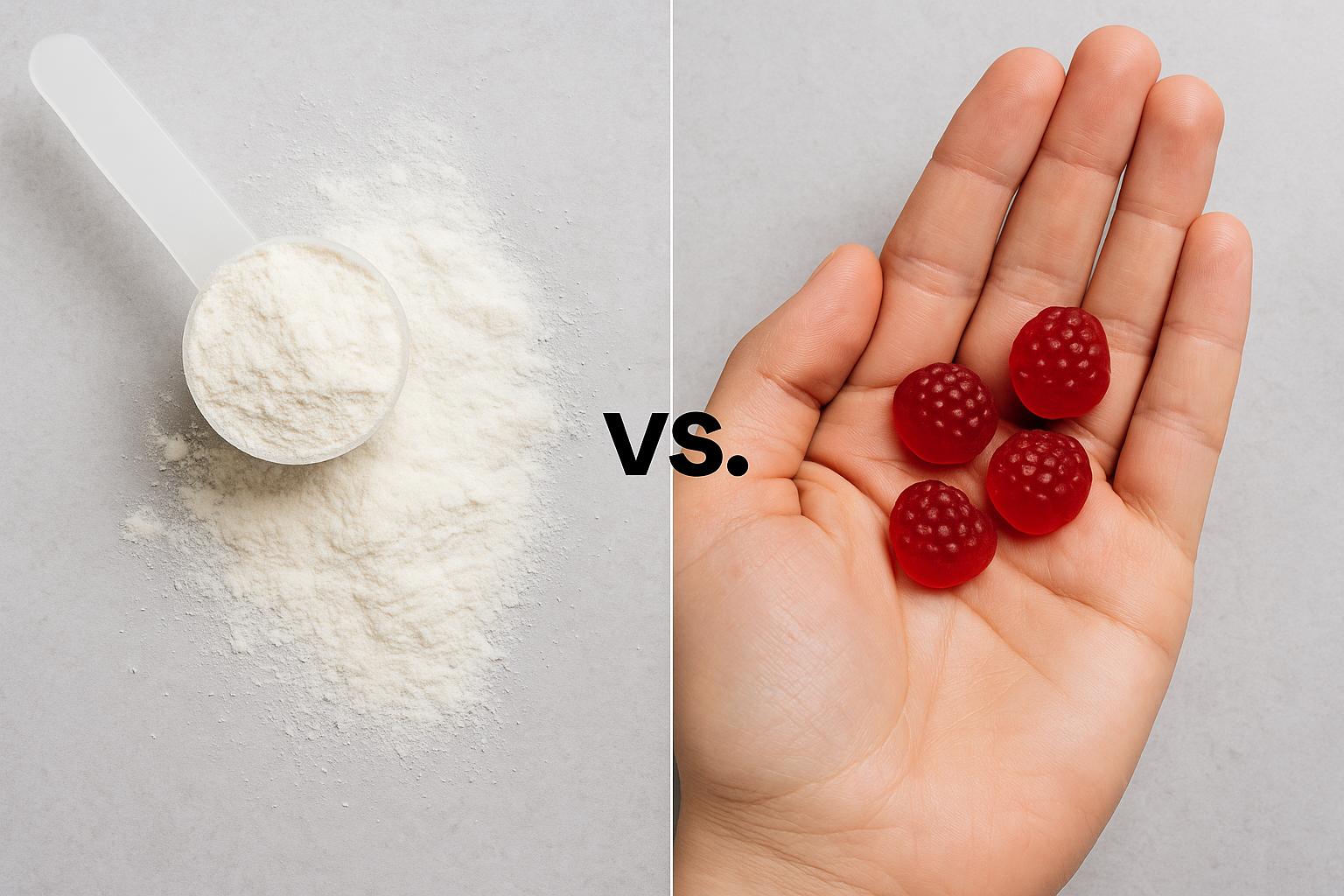 Comparison between a scoop of white powder and red berries held in a hand.